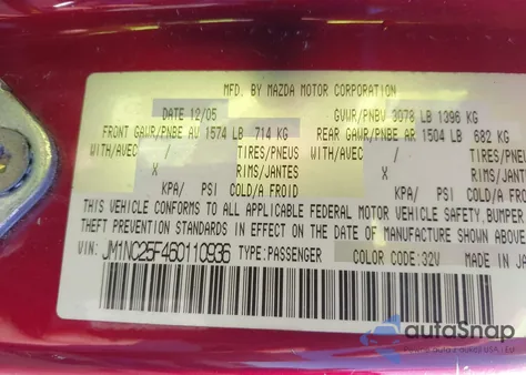 2006 Mazda Mx-5 Sport из США, поврежденный, VIN JM1NC25F460110936